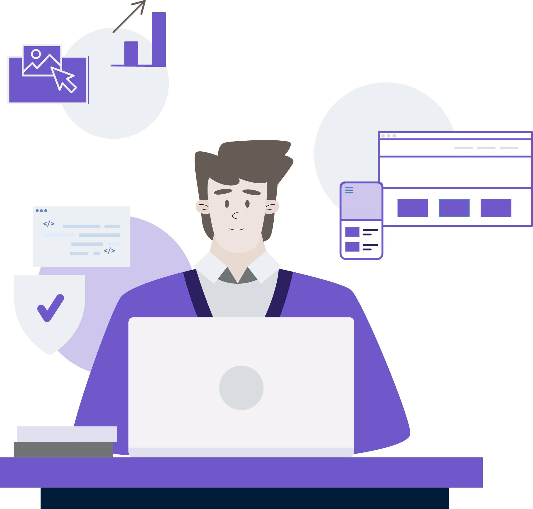 Illustration of a person seated at a desk with a laptop. Surrounding them are icons representing graphs, web pages, and a smartphone, indicating data analysis and web development. The person wears a purple jacket, and there's a stack of books beside the laptop. Background features circular elements.