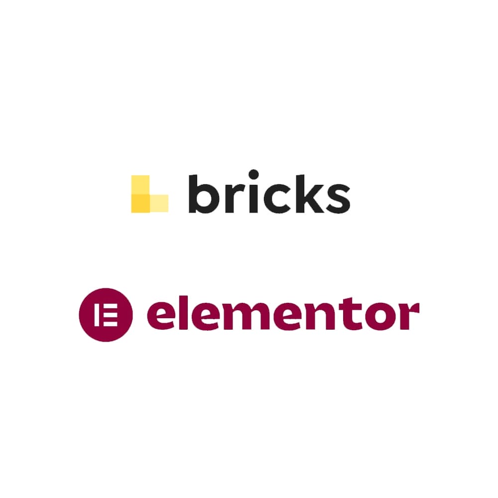 Logos of two design platforms on a white background. The top logo is for "bricks," featuring three yellow squares forming an "L" shape. The bottom logo is for "elementor," with a maroon circle containing a stylized "E" to the left of the text.