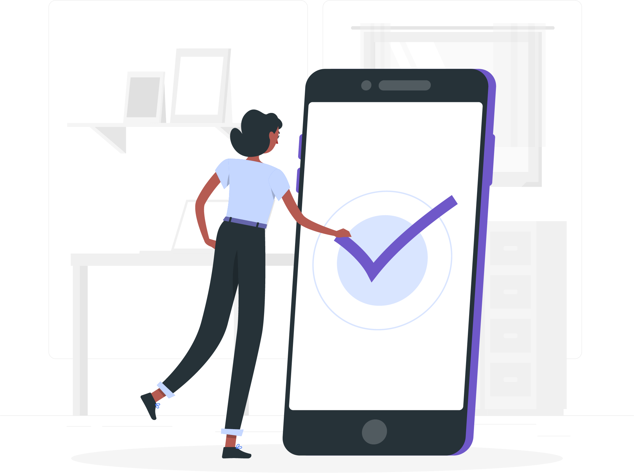 Illustration of a person with dark hair and a light blue shirt interacting with a giant smartphone screen displaying a large checkmark. The background has a desk with shelves and a window. The scene conveys a sense of achievement or task completion.