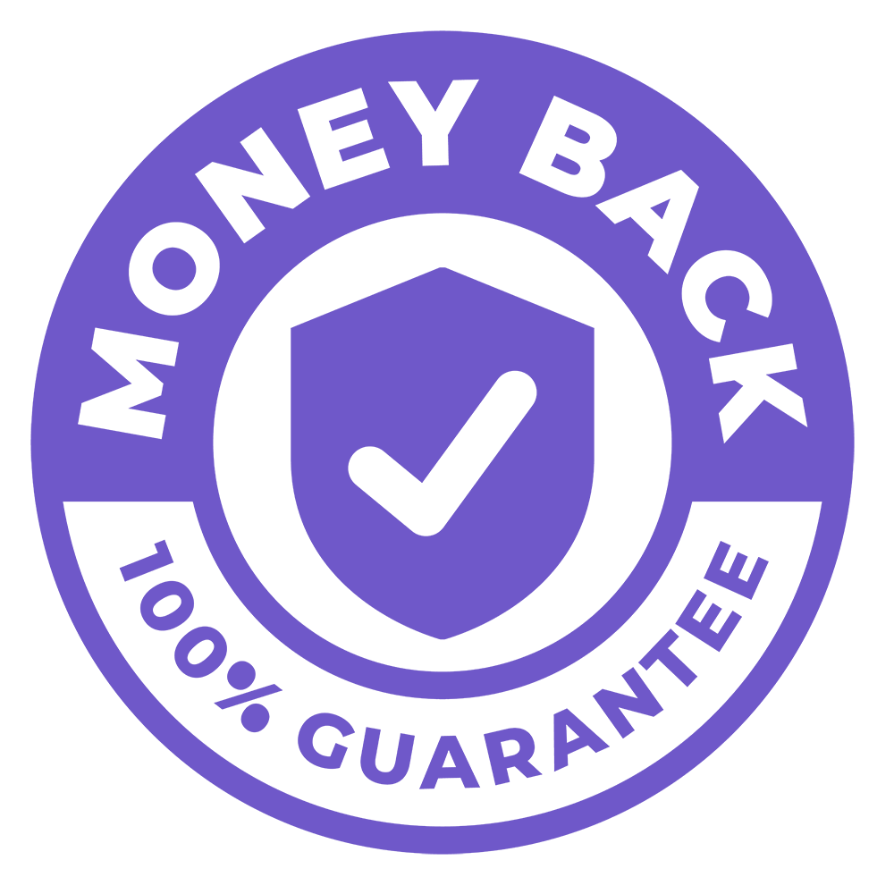 A circular purple emblem features a shield with a checkmark in the center. Surrounding the shield, text reads "MONEY BACK" on the top half and "100% GUARANTEE" on the bottom half, both in black uppercase letters.