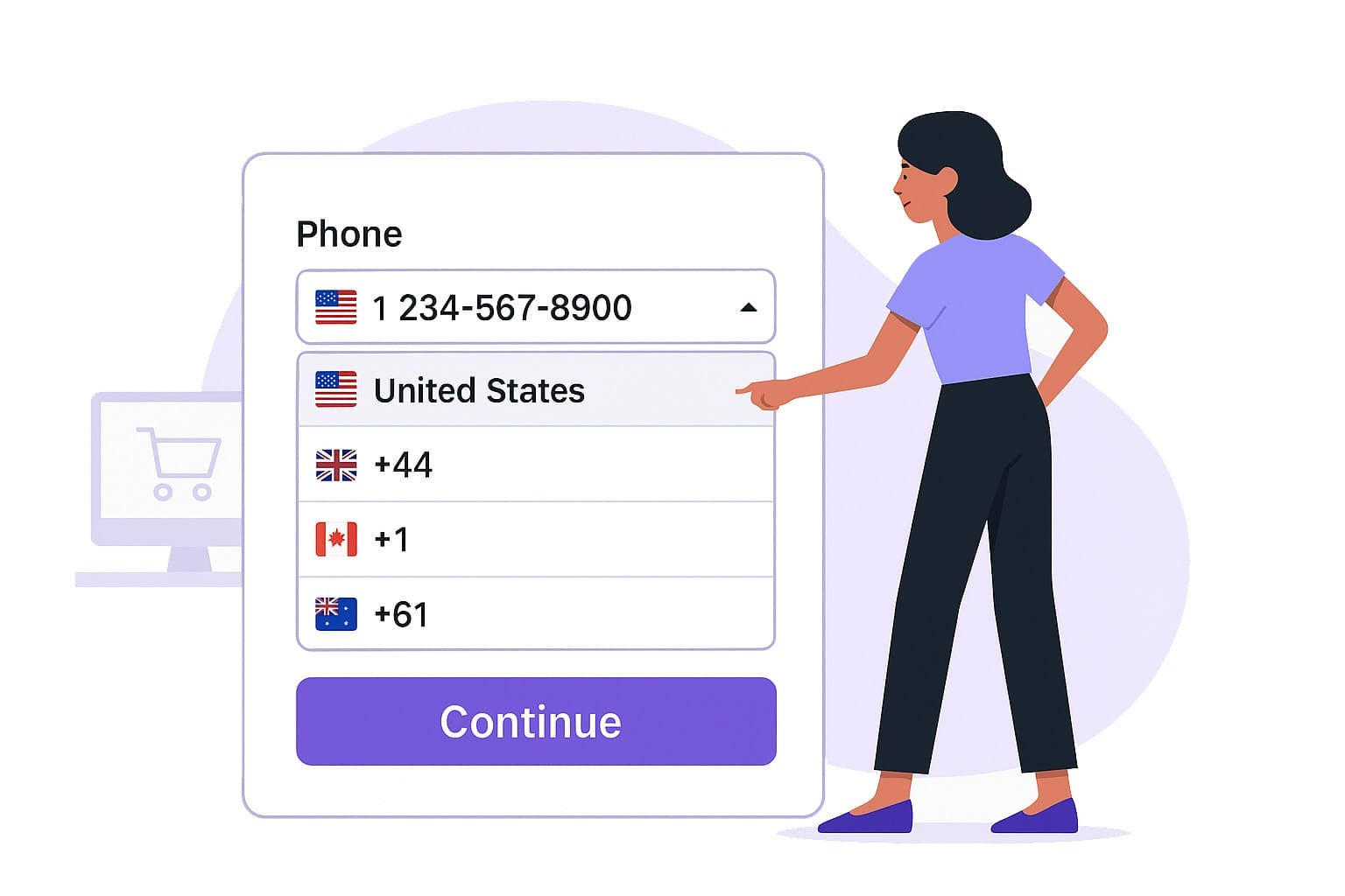 Illustration of a woman standing next to a phone number input form on a screen. She points at a dropdown menu listing country codes for the US, UK, Canada, and Australia. A purple "Continue" button is below the form. A faint shopping cart icon is in the background.