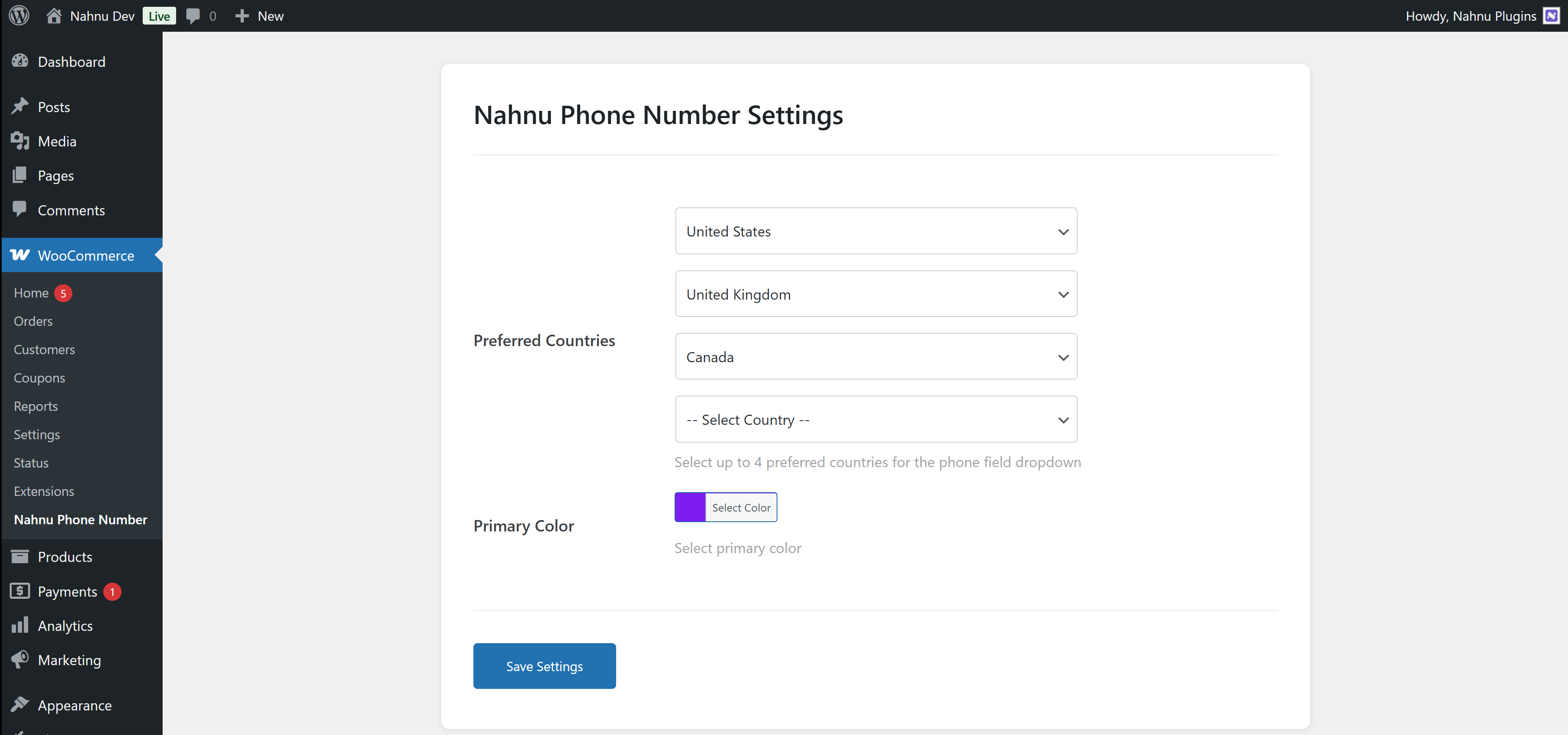 A WordPress admin dashboard shows "Nahnu Phone Number Settings." Preferred countries are set to United States, United Kingdom, and Canada. There is a color selector for the primary color, set to purple. At the bottom is a blue "Save Settings" button.